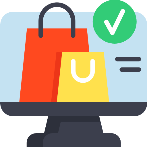 E-commerce icon showing a shopping cart with products, blue and white colors
