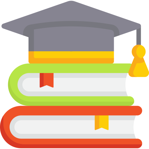 Education icon showing a graduation cap and diploma, blue and white colors