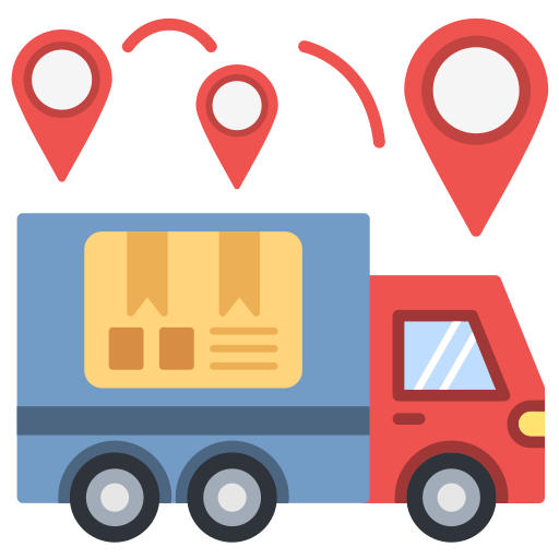 Logistics icon showing a delivery truck on the road, blue and white colors